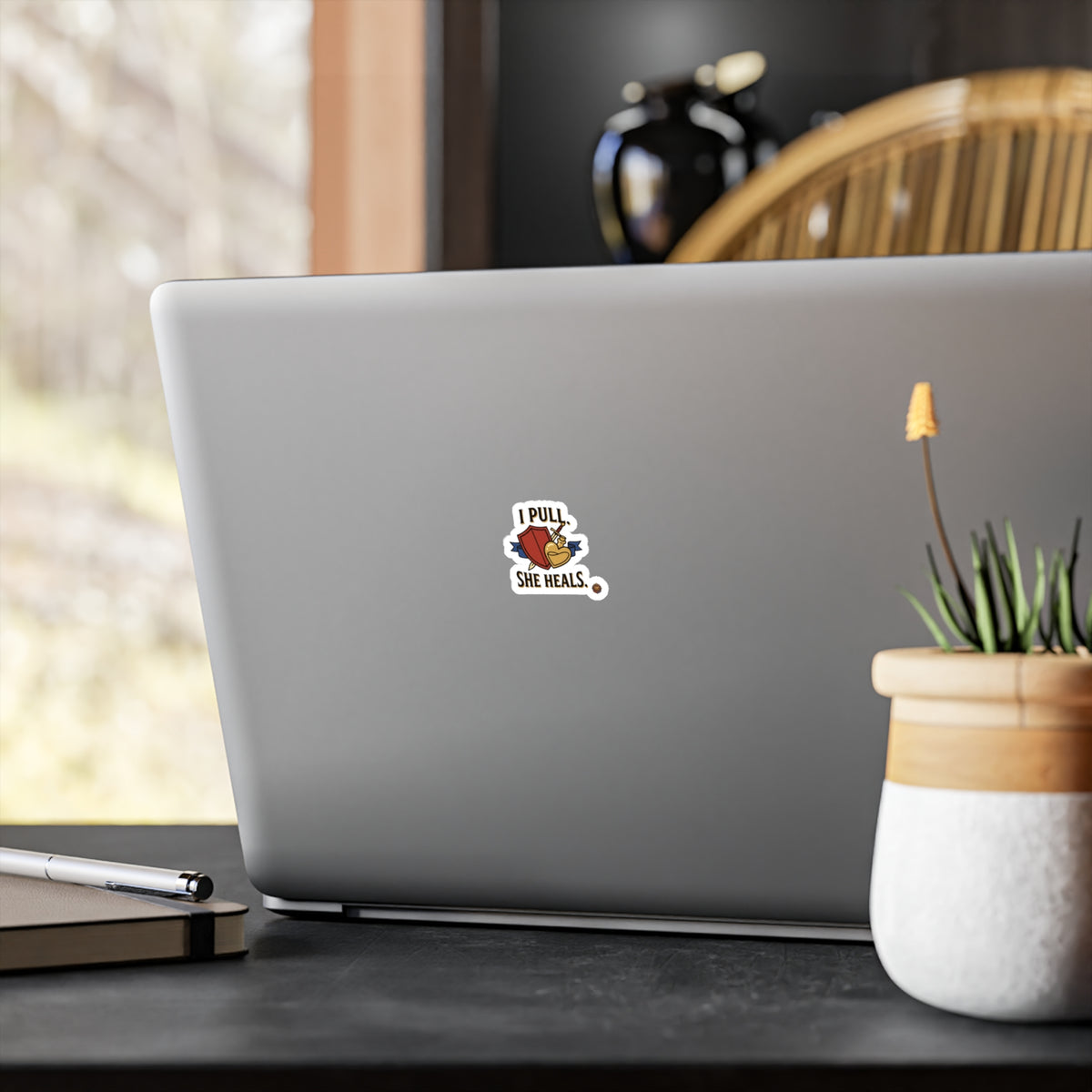 I Pull. She Heals. RPG Healer Sticker — Vinyl Kiss-Cut