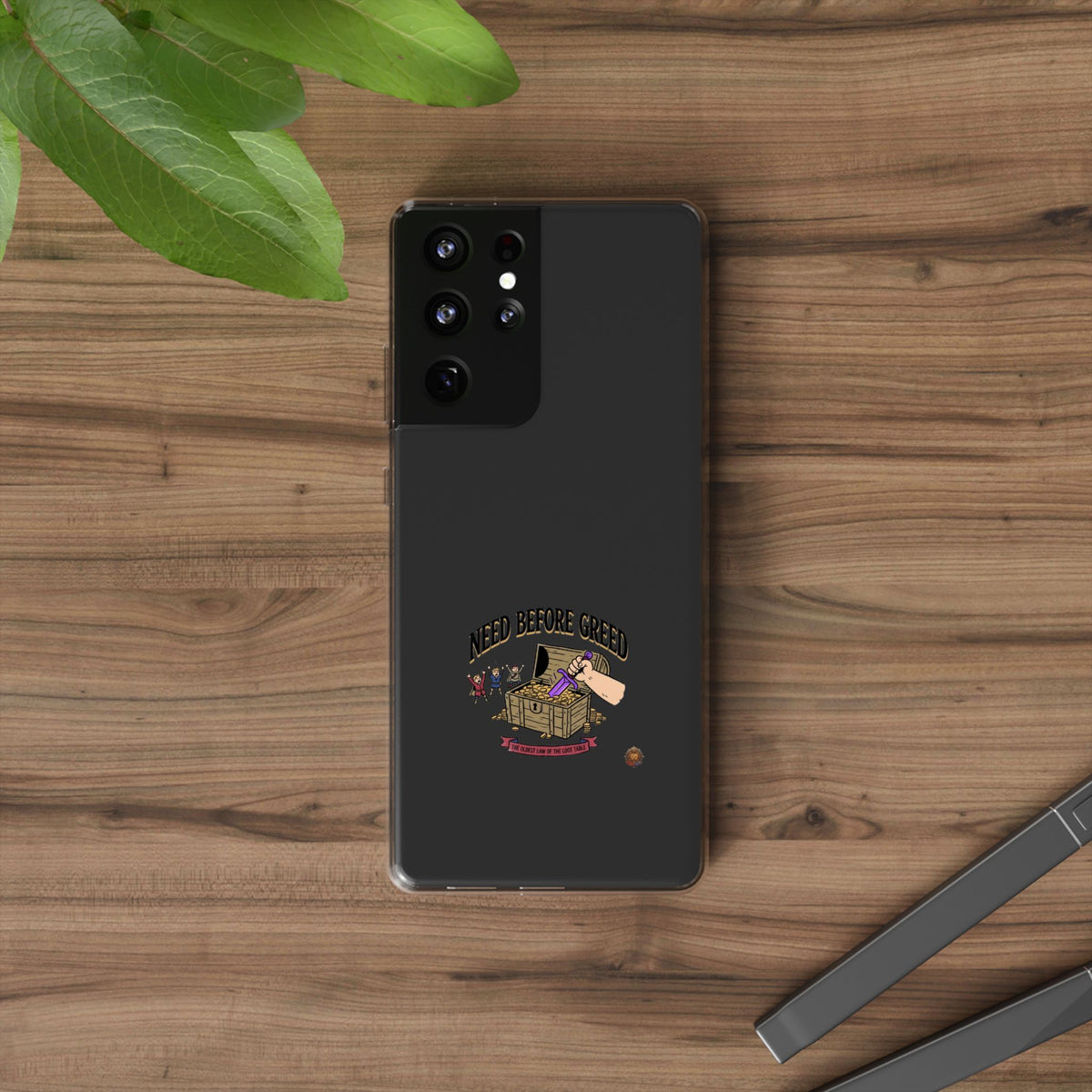 Clear Phone Case — "Need Before Greed" Treasure Chest Design