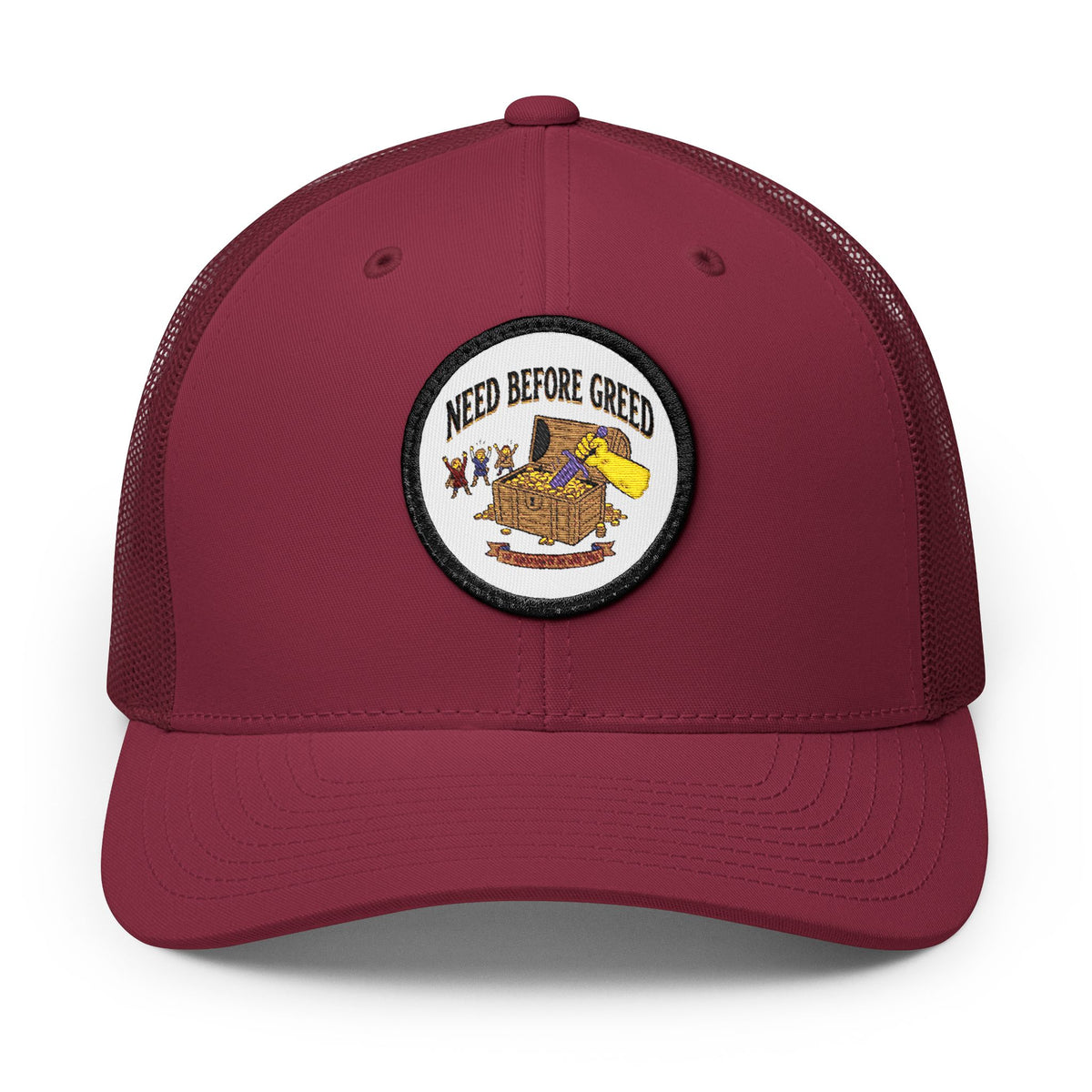 Embroidered Trucker Cap — 'Need Before Greed' Patch