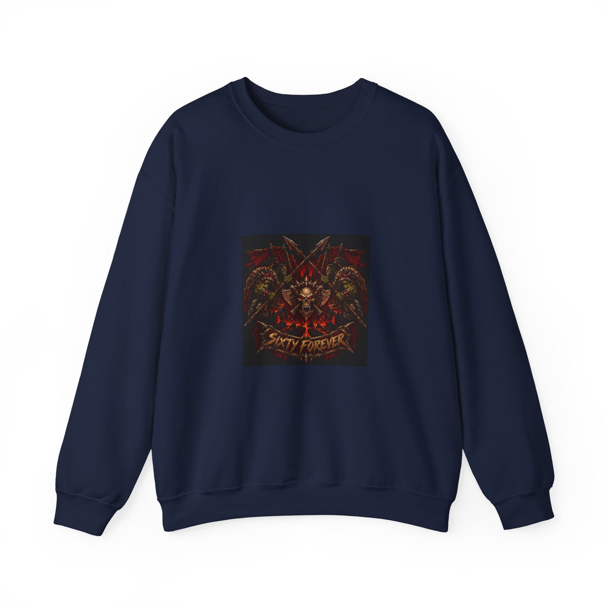 Crewneck Sweatshirt — Gothic Skull & Flames "Seven For Hell" Graphic