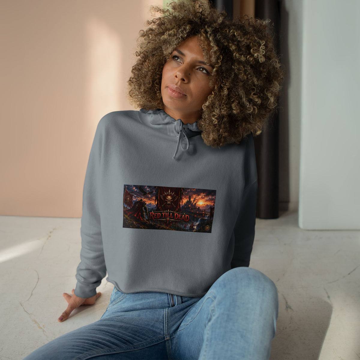 Cropped Hoodie — Dark Fantasy Graphic Crop Hoodie with Epic Battle Scene
