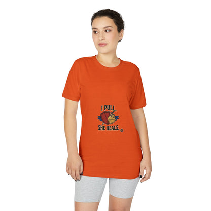 I Pull, She Heals Weightlifting T-Shirt — Couples Gym Workout Tee