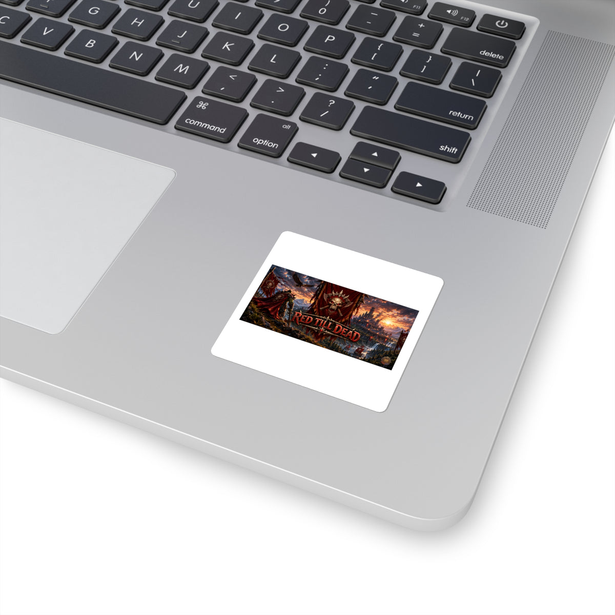 Red Till Dead Skull Banner Square Sticker — Dark Fantasy Laptop Decal