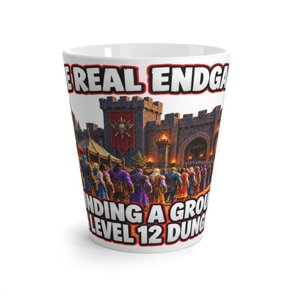 Latte Mug - 'The Real Endgame: Finding a Group for a Level 12 Dungeon' Fantasy RPG Coffee Cup