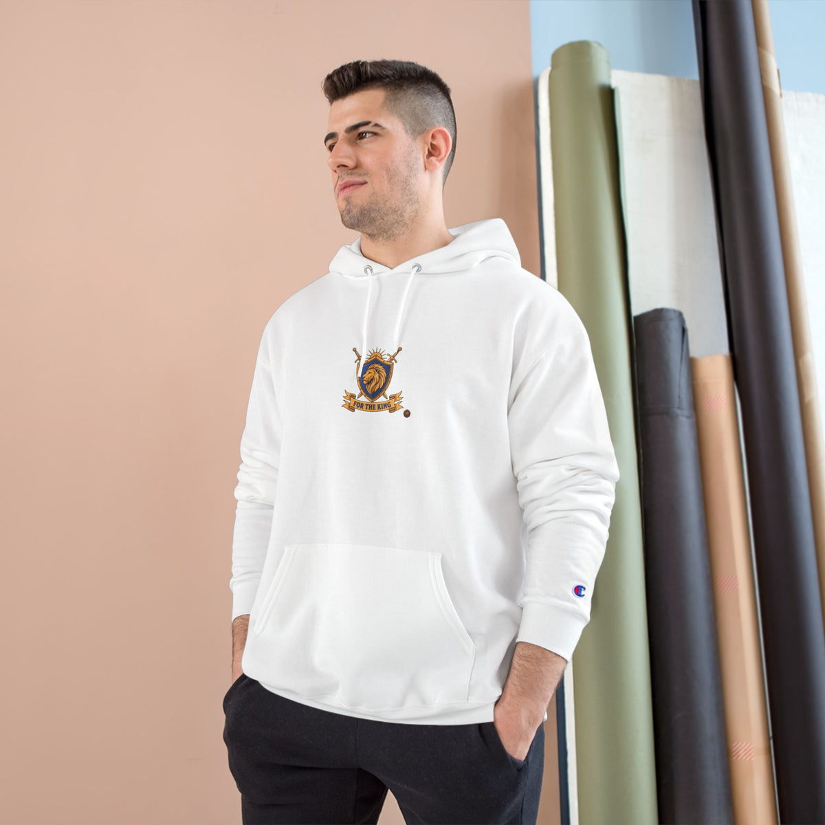 Champion Hoodie — Small Gold Crest Logo Athletic Pullover