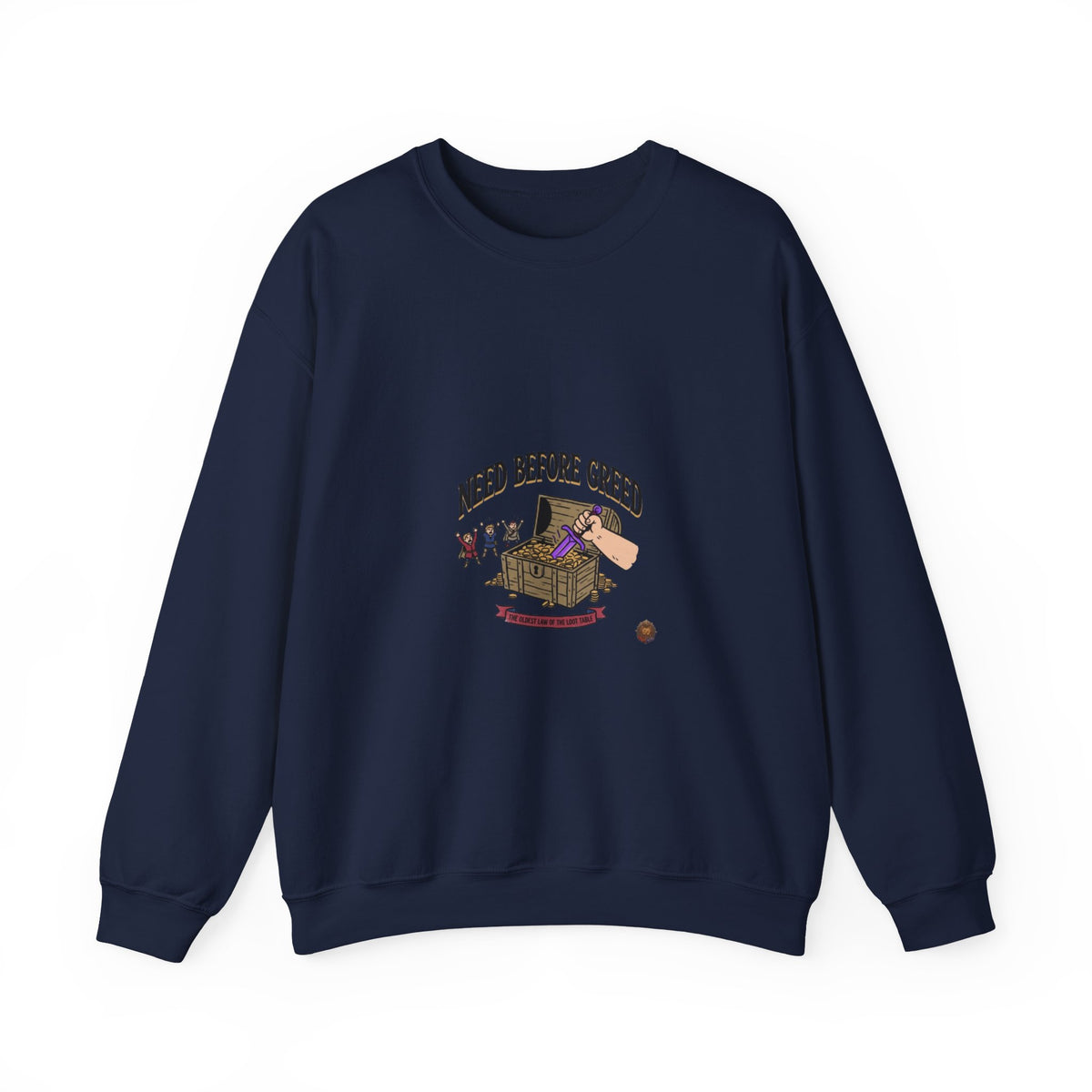 Crewneck Sweatshirt — "Need Before Greed" Chest Graphic (Sustainable Giving Vibe)