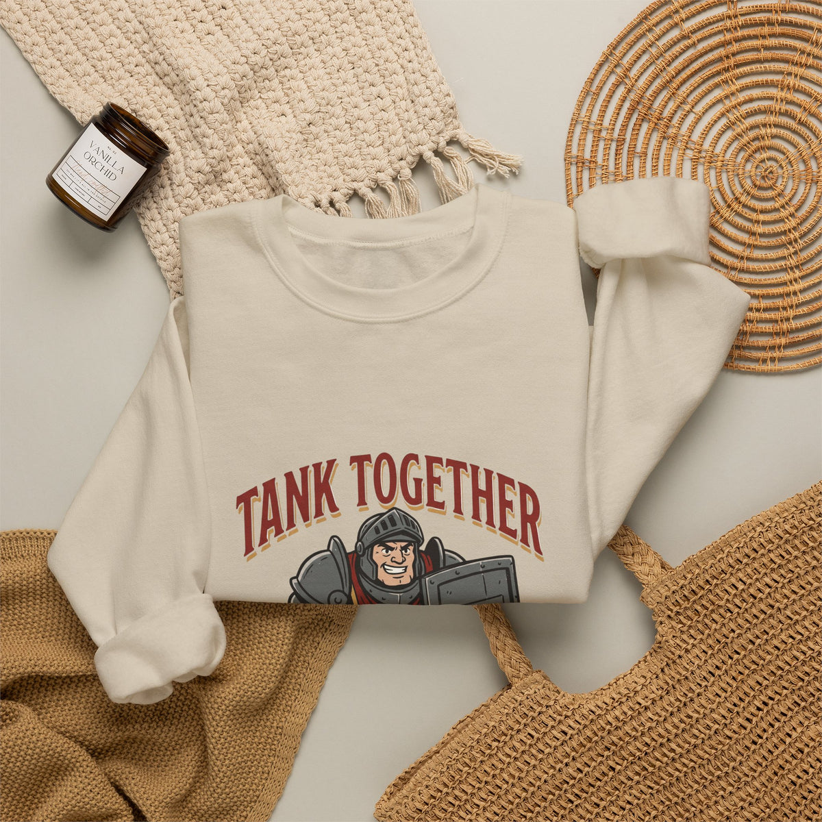 Tank Together Crewneck Sweatshirt — Funny RPG Tank Companion Graphic