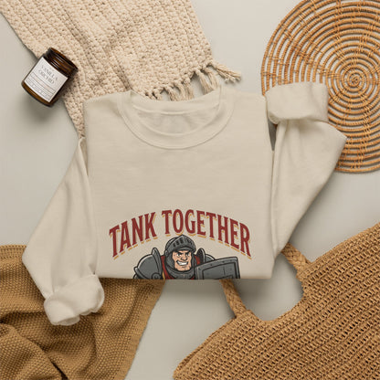 Tank Together Crewneck Sweatshirt — Funny RPG Tank Companion Graphic