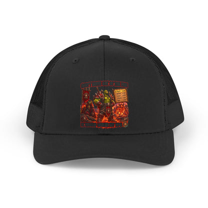 Retro Trucker Hat — Funny Gamer Fire Meme: "Can’t Move Out of the Fire, It Would Lower My DPS"