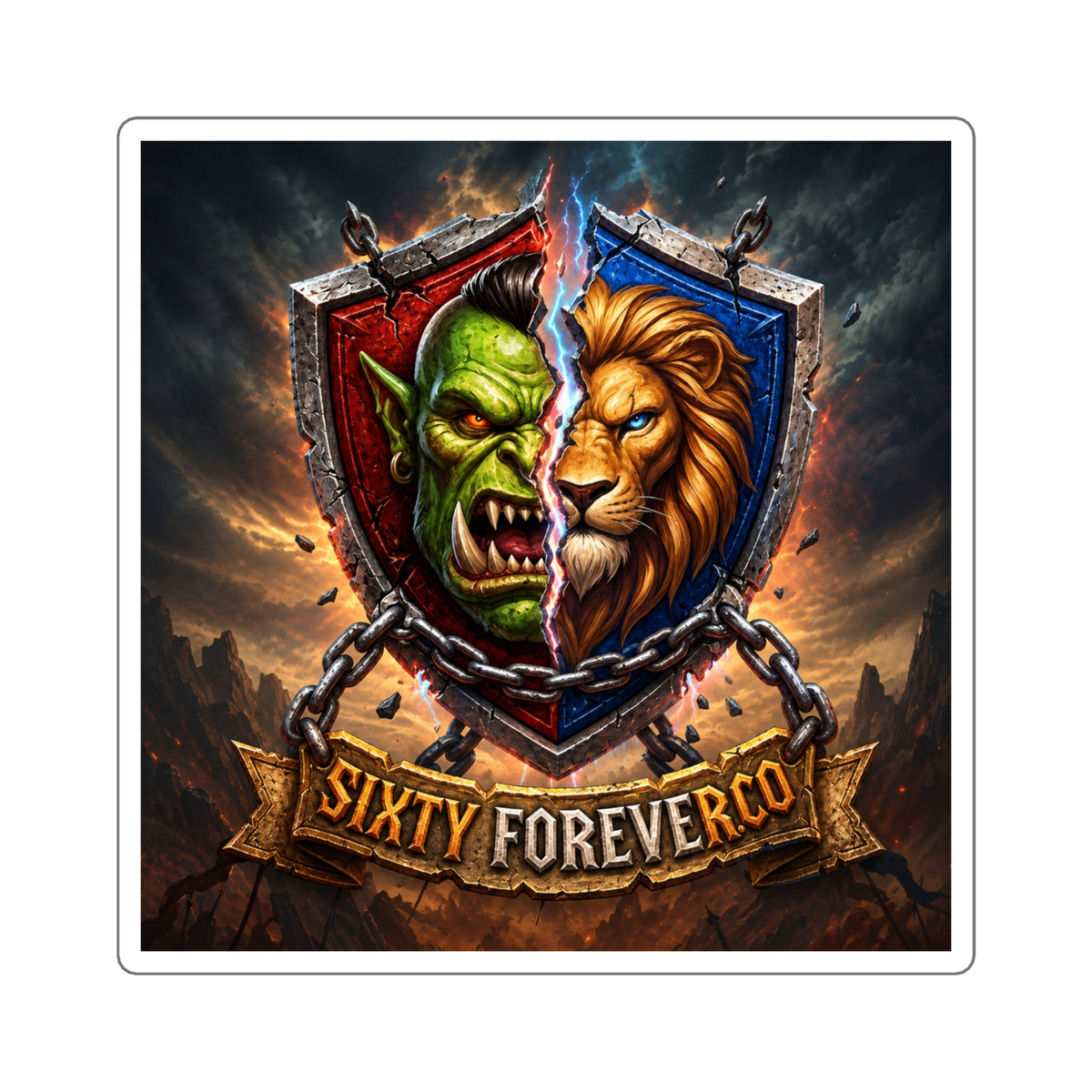 Sixty ForeverCo Orc vs Lion Crest Square Sticker — Fantasy Gaming Emblem