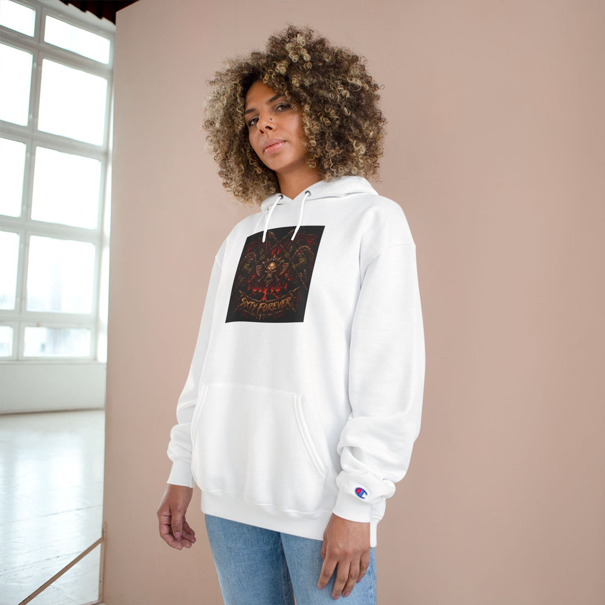 Champion Hoodie — Gothic Floral Skull Graphic Pullover