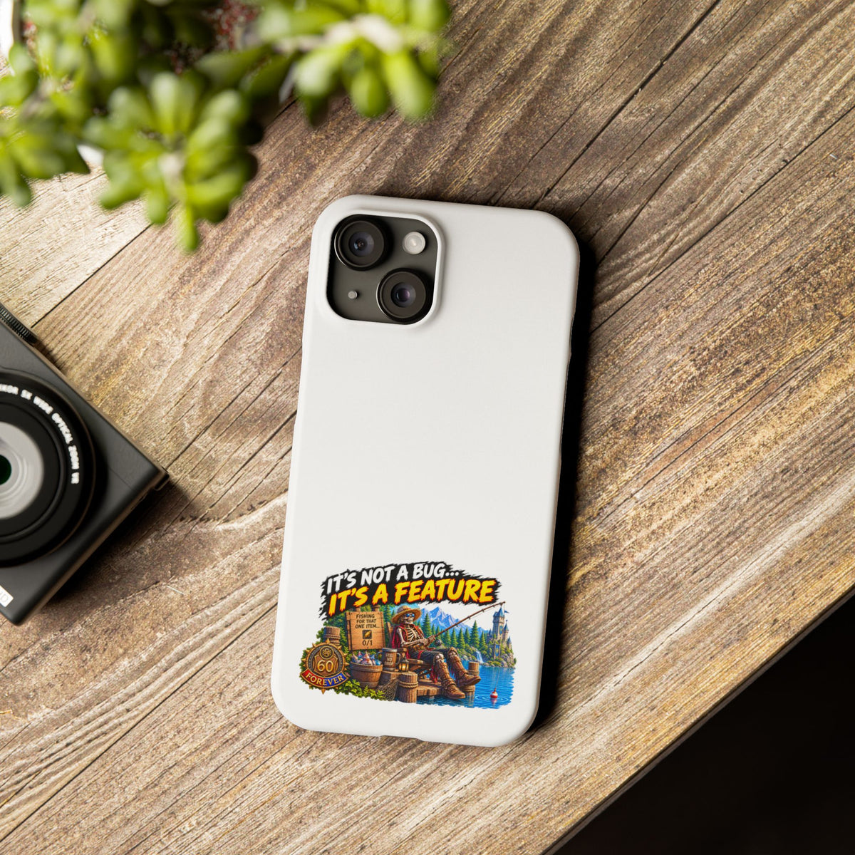 Slim Phone Case — "It's Not a Bug, It's a Feature" Rustic Camping Design