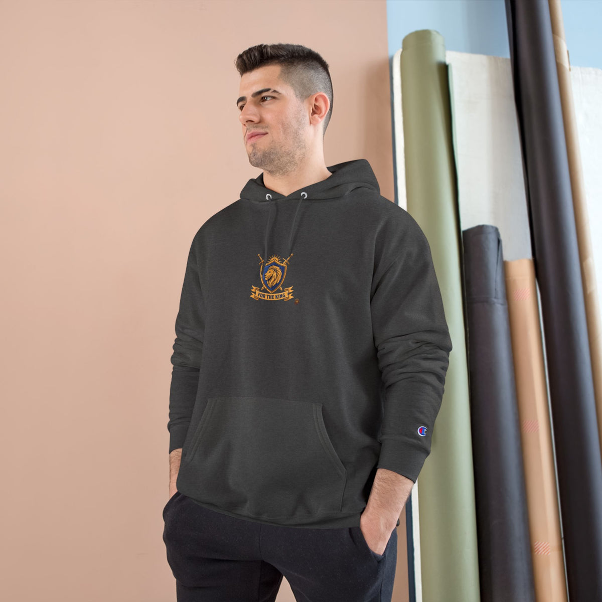 Champion Hoodie — Small Gold Crest Logo Athletic Pullover