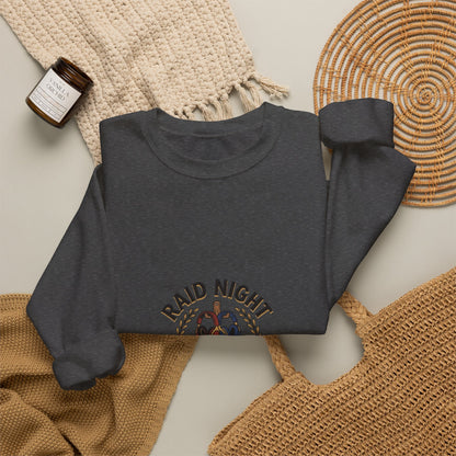 Crewneck Sweatshirt — "Raid Night Is Date Night" Vintage Crest