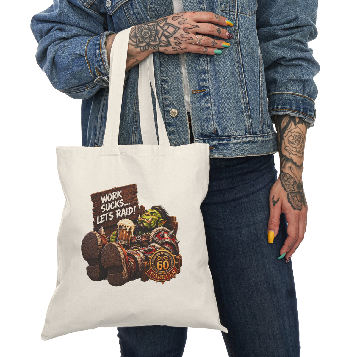Gamer Tote Bag - "Work Sucks... Let's Raid!" Orc Gaming Canvas Tote