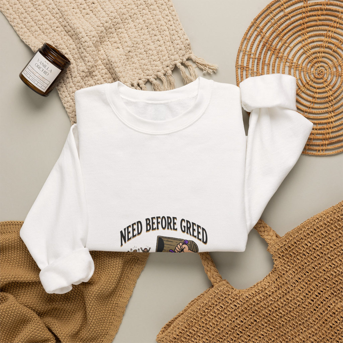 Crewneck Sweatshirt — "Need Before Greed" Chest Graphic (Sustainable Giving Vibe)