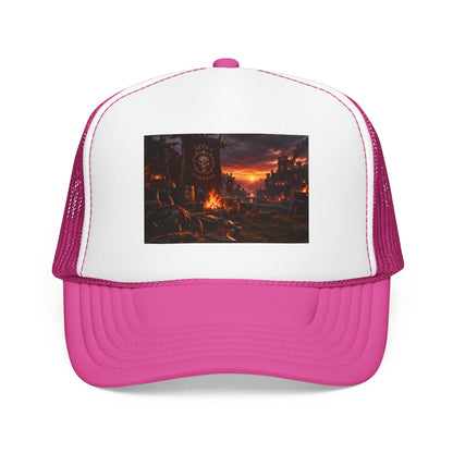 Post-Apocalyptic Campfire Foam Trucker Hat – Dark Dystopian Landscape
