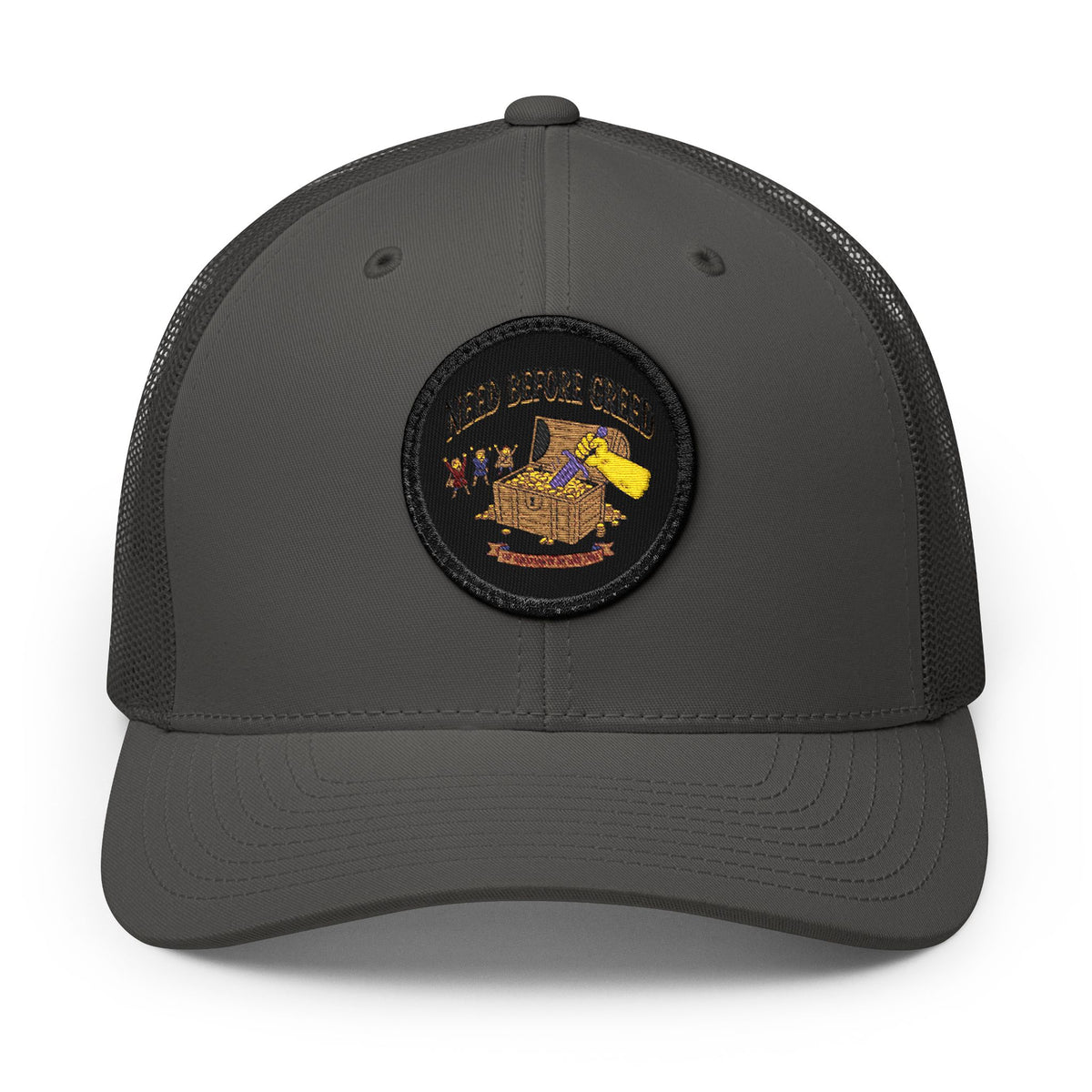 Embroidered Trucker Cap — 'Need Before Greed' Patch