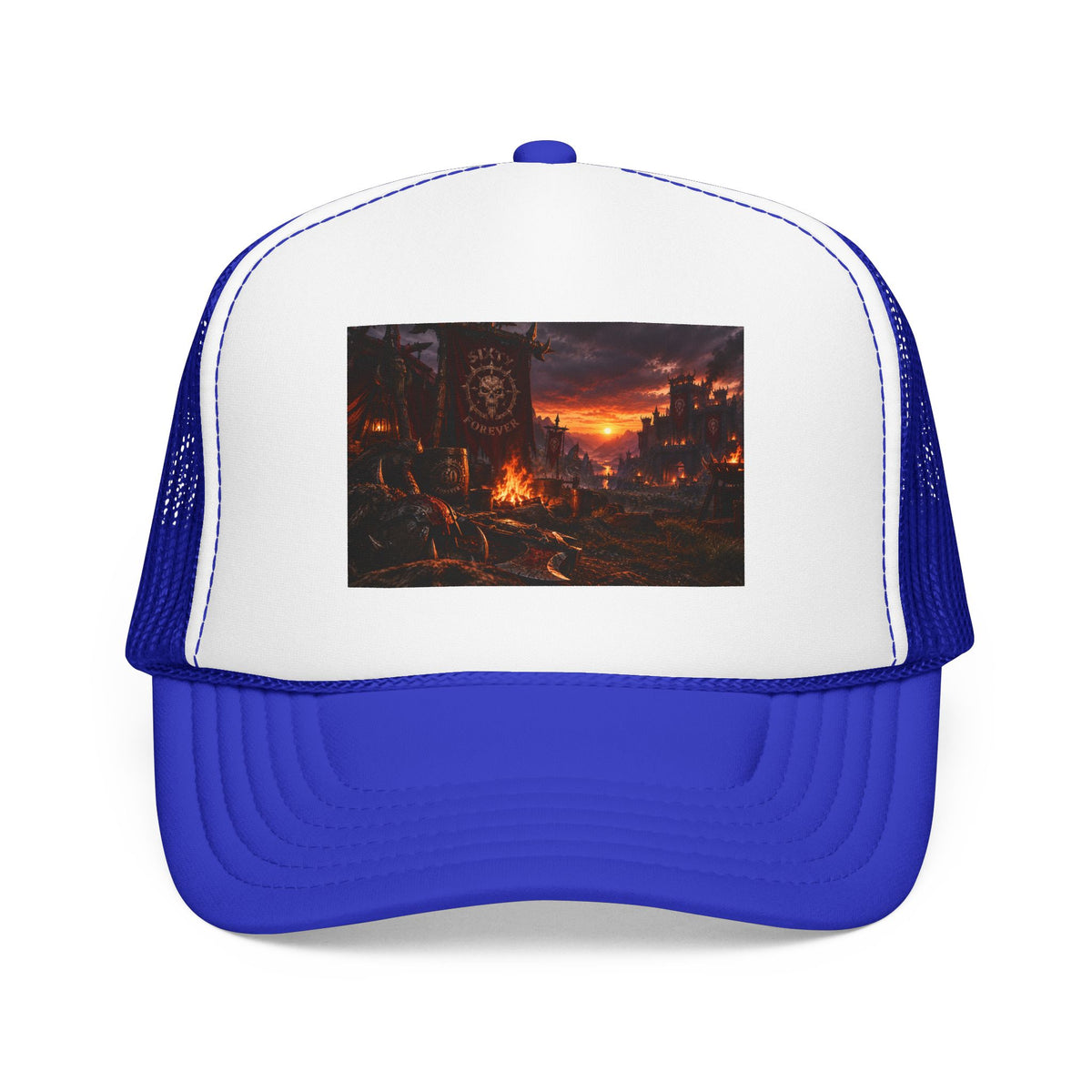 Post-Apocalyptic Campfire Foam Trucker Hat – Dark Dystopian Landscape