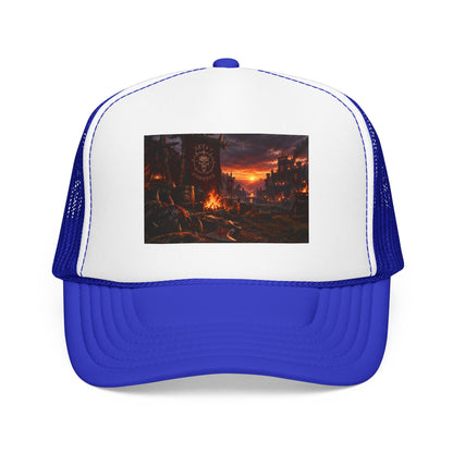 Post-Apocalyptic Campfire Foam Trucker Hat – Dark Dystopian Landscape