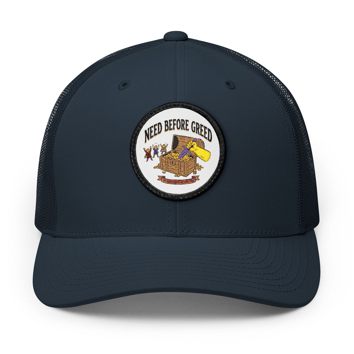 Embroidered Trucker Cap — 'Need Before Greed' Patch