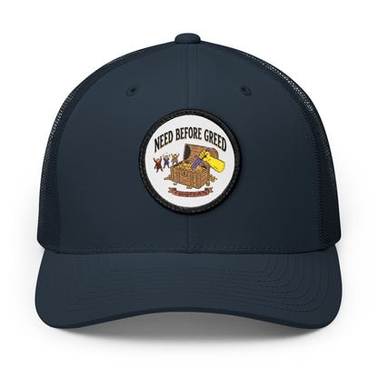 Embroidered Trucker Cap — 'Need Before Greed' Patch
