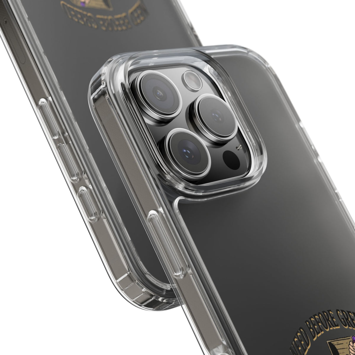 Clear Phone Case — "Need Before Greed" Treasure Chest Design