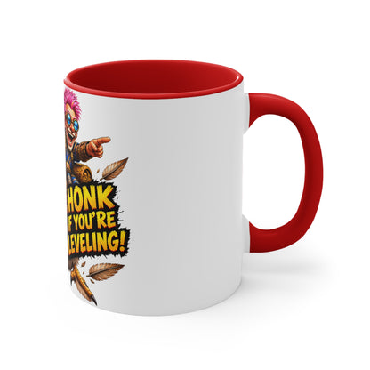 Gaming Mug — "Honk If You're Leveling" Funny Gamer Coffee Cup (Color Accent)