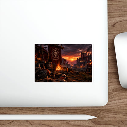 Medieval Battle Camp Die-Cut Sticker — Sunset Warcamp Scene