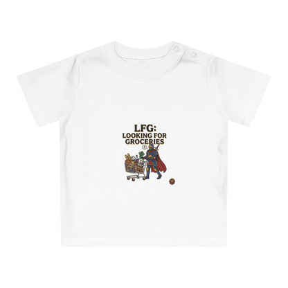 Baby T-Shirt — "LFG: Looking For Groceries" Cute Superhero Grocery Cart Tee