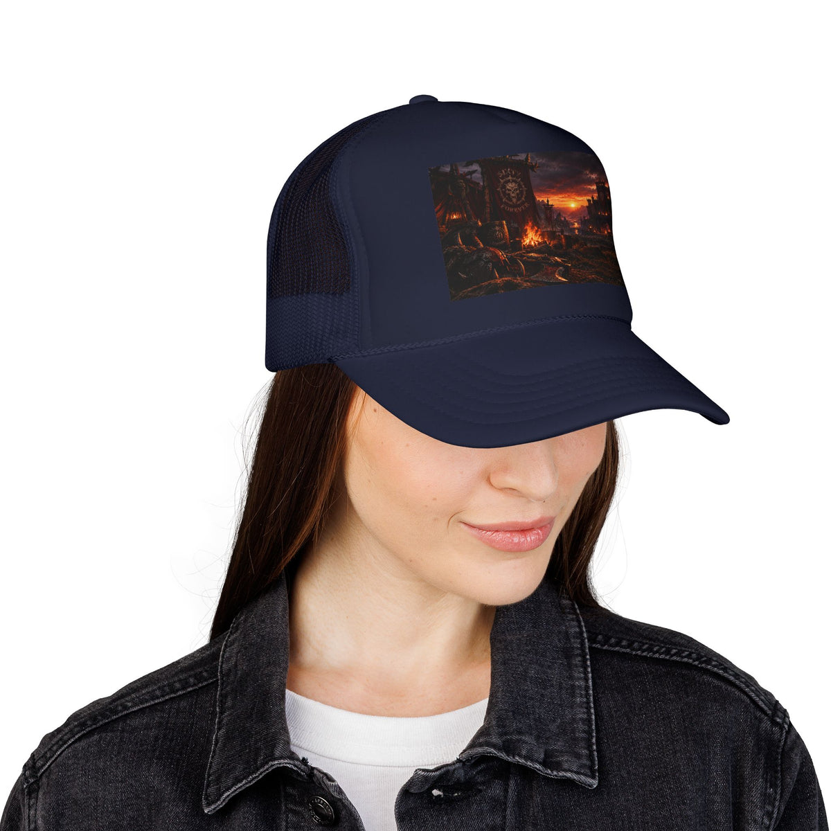 Post-Apocalyptic Campfire Foam Trucker Hat – Dark Dystopian Landscape