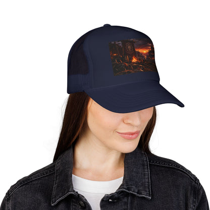 Post-Apocalyptic Campfire Foam Trucker Hat – Dark Dystopian Landscape