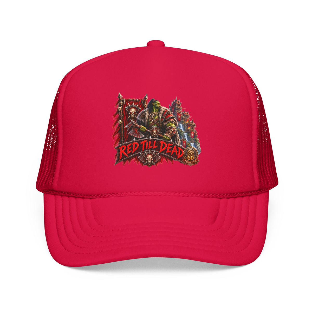 Red Till Dead Trucker Hat — Graphic Foam Mesh Cap for Bikers & Metal Fans