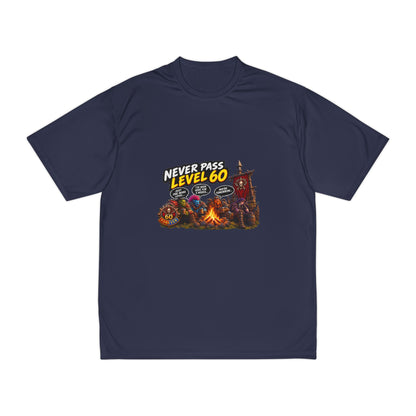 Never Pass Level 60 Gaming T-Shirt — Retro RPG Campfire Design
