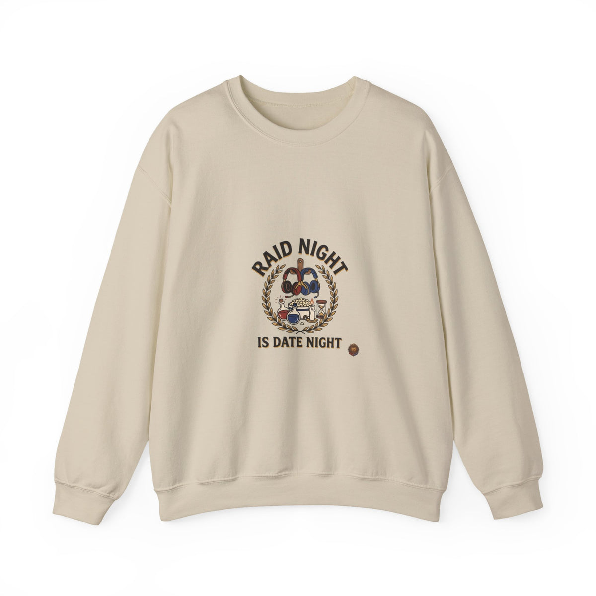 Crewneck Sweatshirt — "Raid Night Is Date Night" Vintage Crest