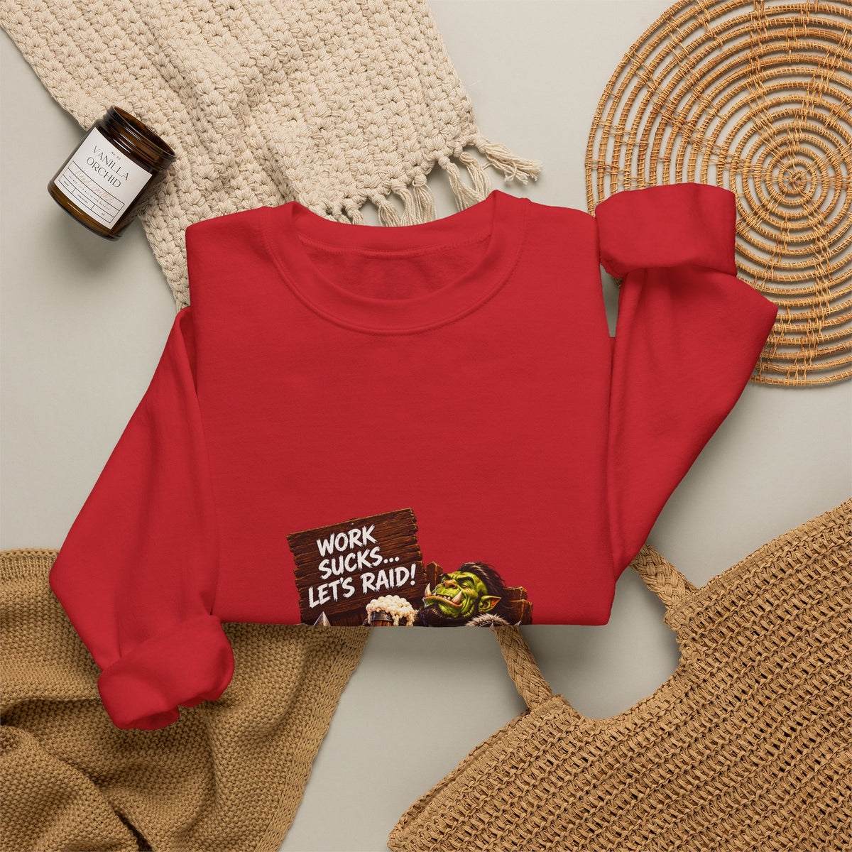 Crewneck Sweatshirt — 'Work Sucks, Let's Raid' Gamer Goblin Graphic