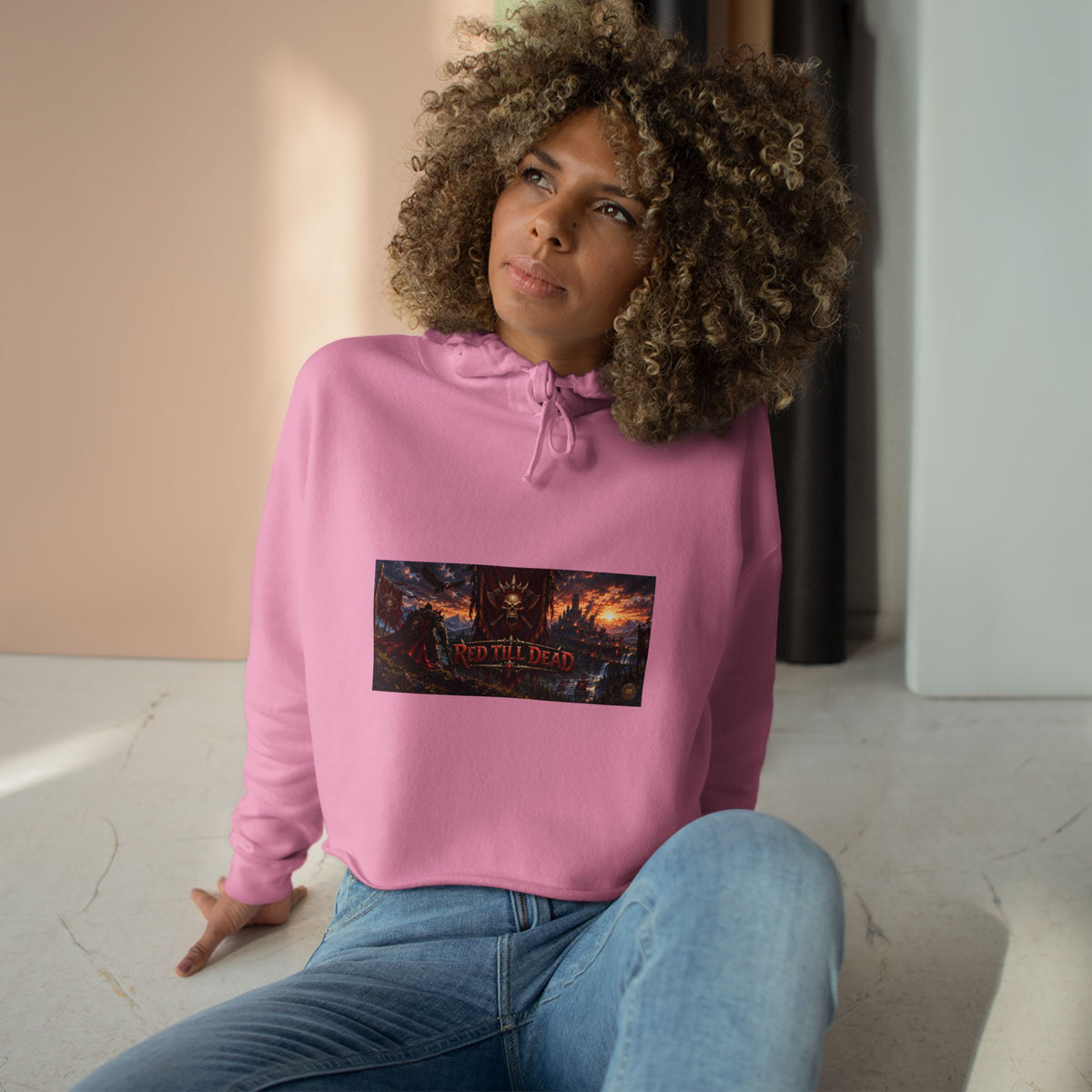 Cropped Hoodie — Dark Fantasy Graphic Crop Hoodie with Epic Battle Scene