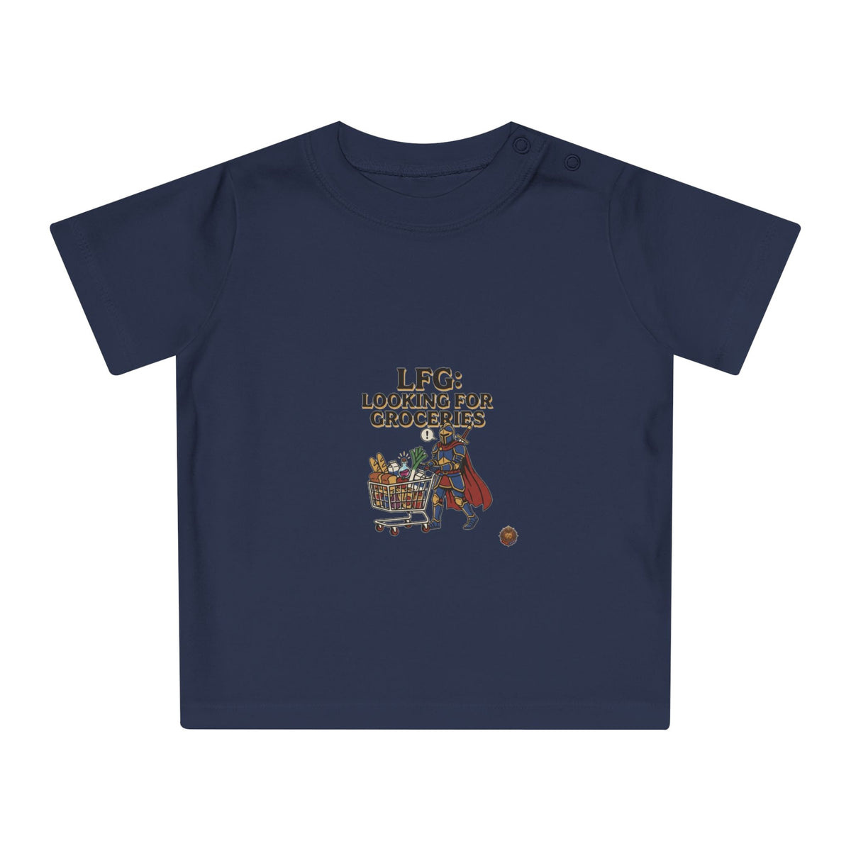 Baby T-Shirt — "LFG: Looking For Groceries" Cute Superhero Grocery Cart Tee