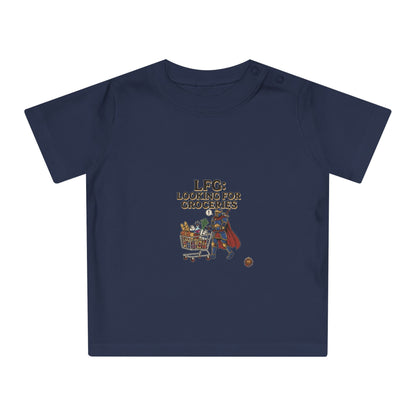 Baby T-Shirt — "LFG: Looking For Groceries" Cute Superhero Grocery Cart Tee