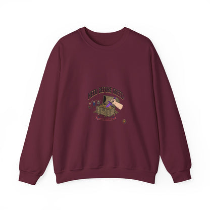Crewneck Sweatshirt — "Need Before Greed" Chest Graphic (Sustainable Giving Vibe)