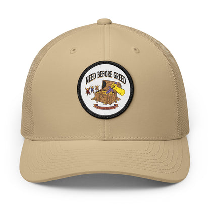 Embroidered Trucker Cap — 'Need Before Greed' Patch