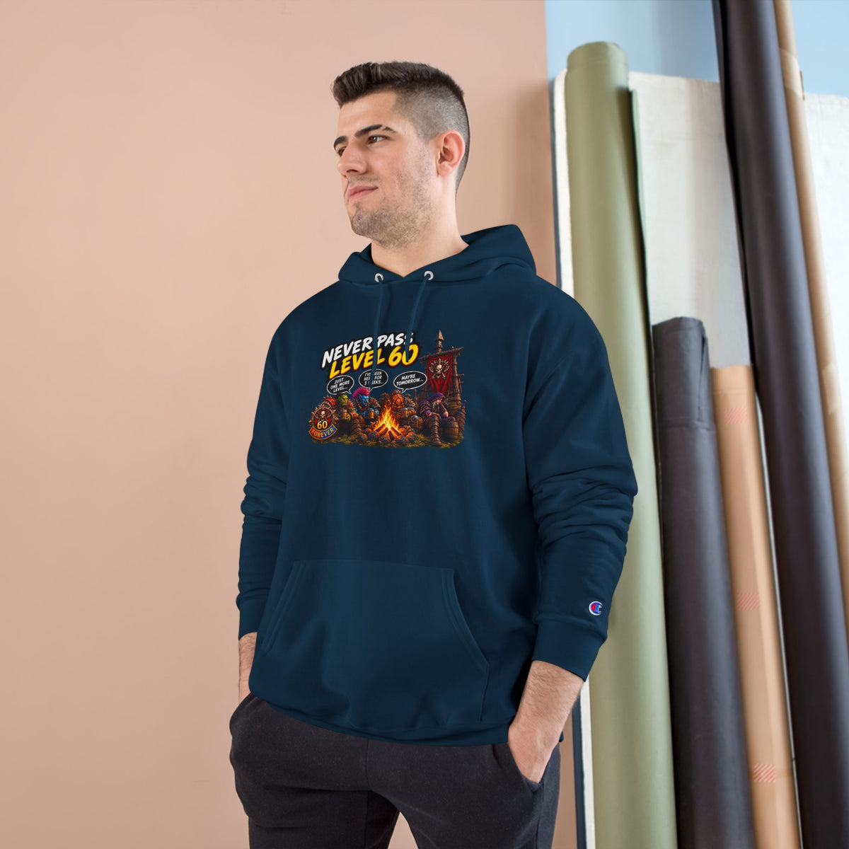 Champion Hoodie - 'Never Pass Level 60' Gamer Campfire Graphic Hoodie