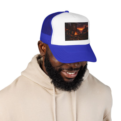 Post-Apocalyptic Campfire Foam Trucker Hat – Dark Dystopian Landscape