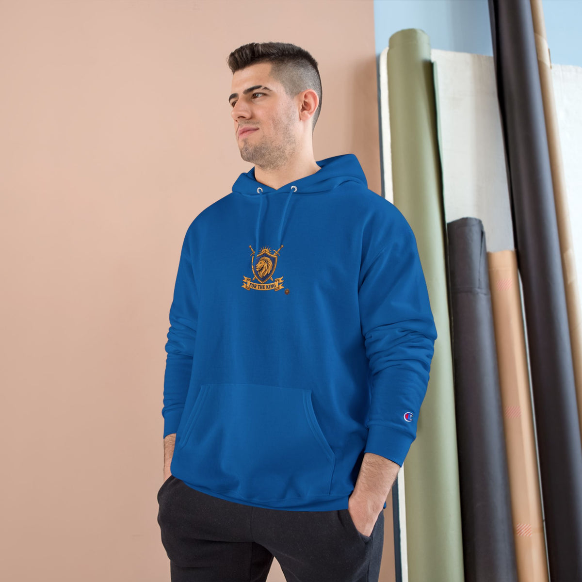 Champion Hoodie — Small Gold Crest Logo Athletic Pullover