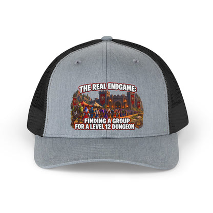 Trucker Hat — “The Real Endgame: Finding a Group for a Level 12 Dungeon” Retro Gaming Cap