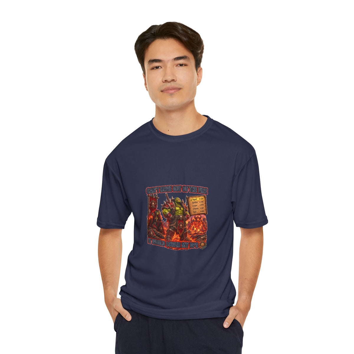 Gaming T-Shirt — "Can't Move Out of the Fire, It Would Lower My DPS" Humorous RPG Gamer Tee
