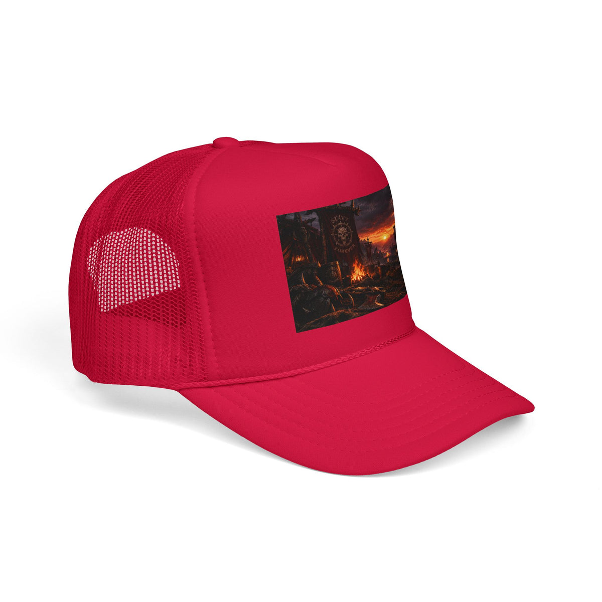 Post-Apocalyptic Campfire Foam Trucker Hat – Dark Dystopian Landscape