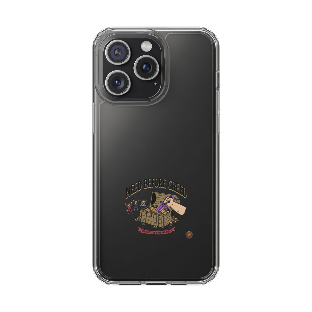 Clear Phone Case — "Need Before Greed" Treasure Chest Design