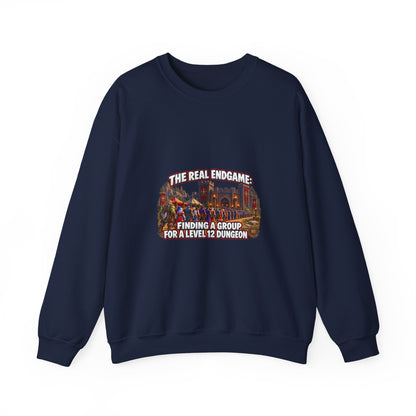 Gaming Crewneck Sweatshirt — "The Real Endgame: Finding a Group for a Level 12 Dungeon"