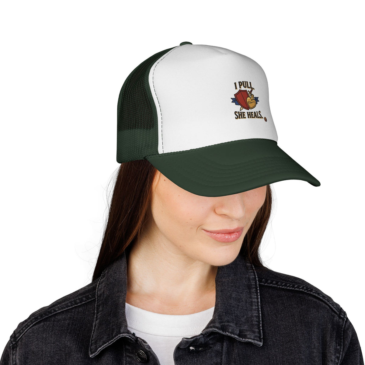 Trucker Hat — "I Pull, She Heals" Weightlifting Barbell Design